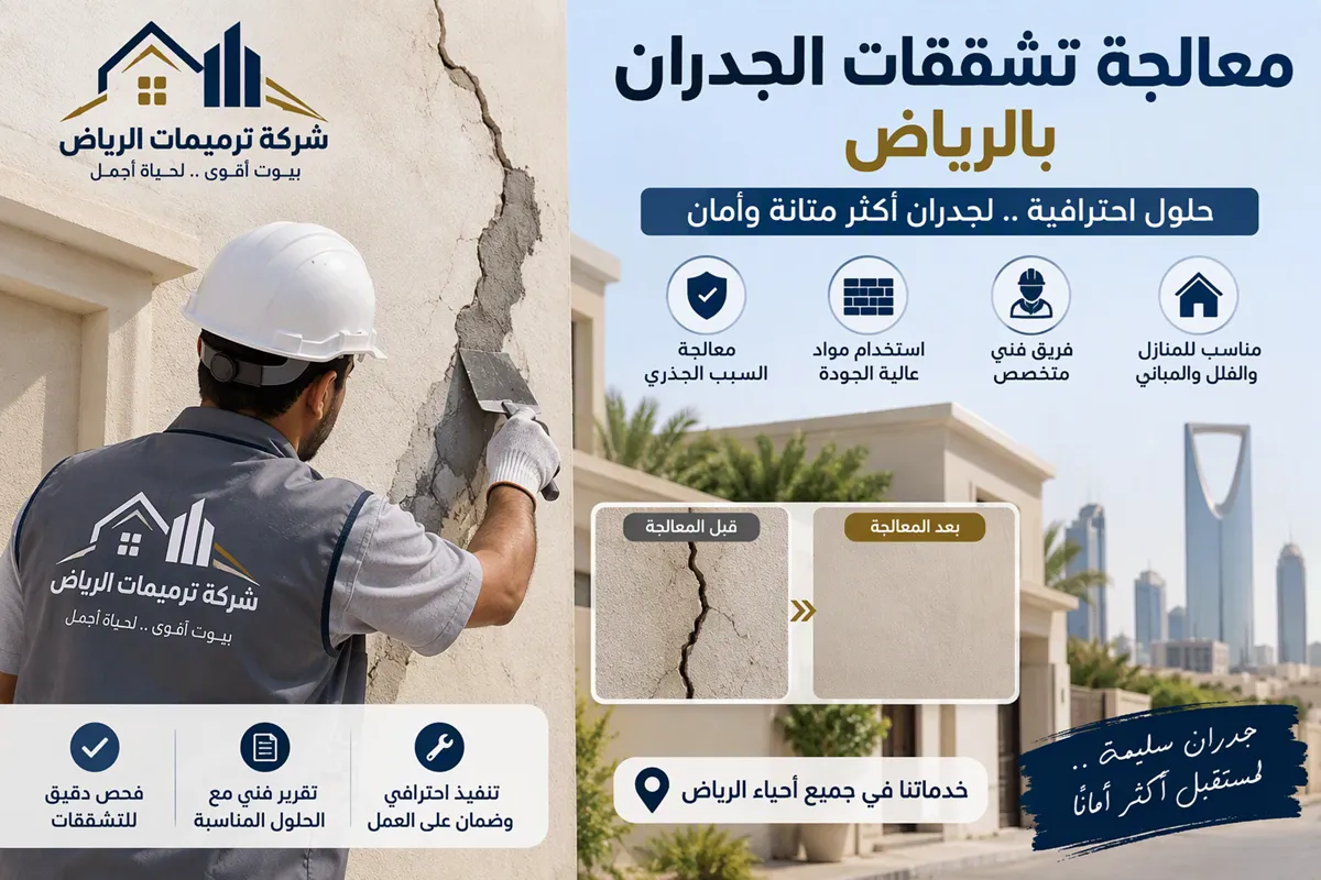 فني من شركة ترميمات الرياض أثناء معالجة تشققات الجدران بالرياض بشبك فايبر ومادة مرنة